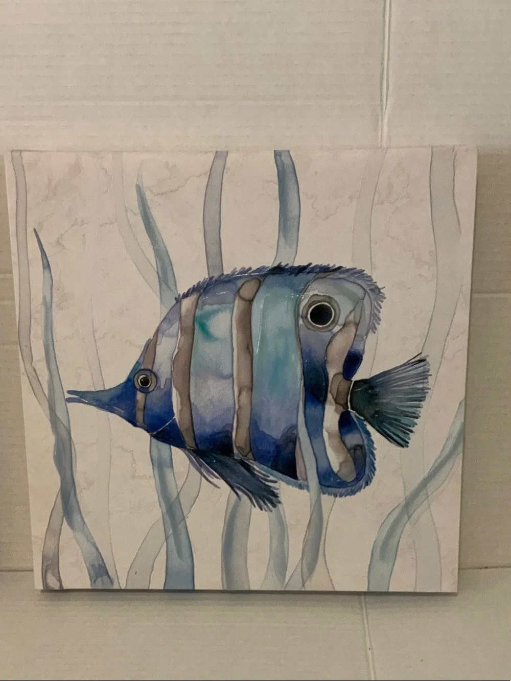 Blue Textured Watercolor Fish Canvas Pair 12”x12”. Shiny texture accents.